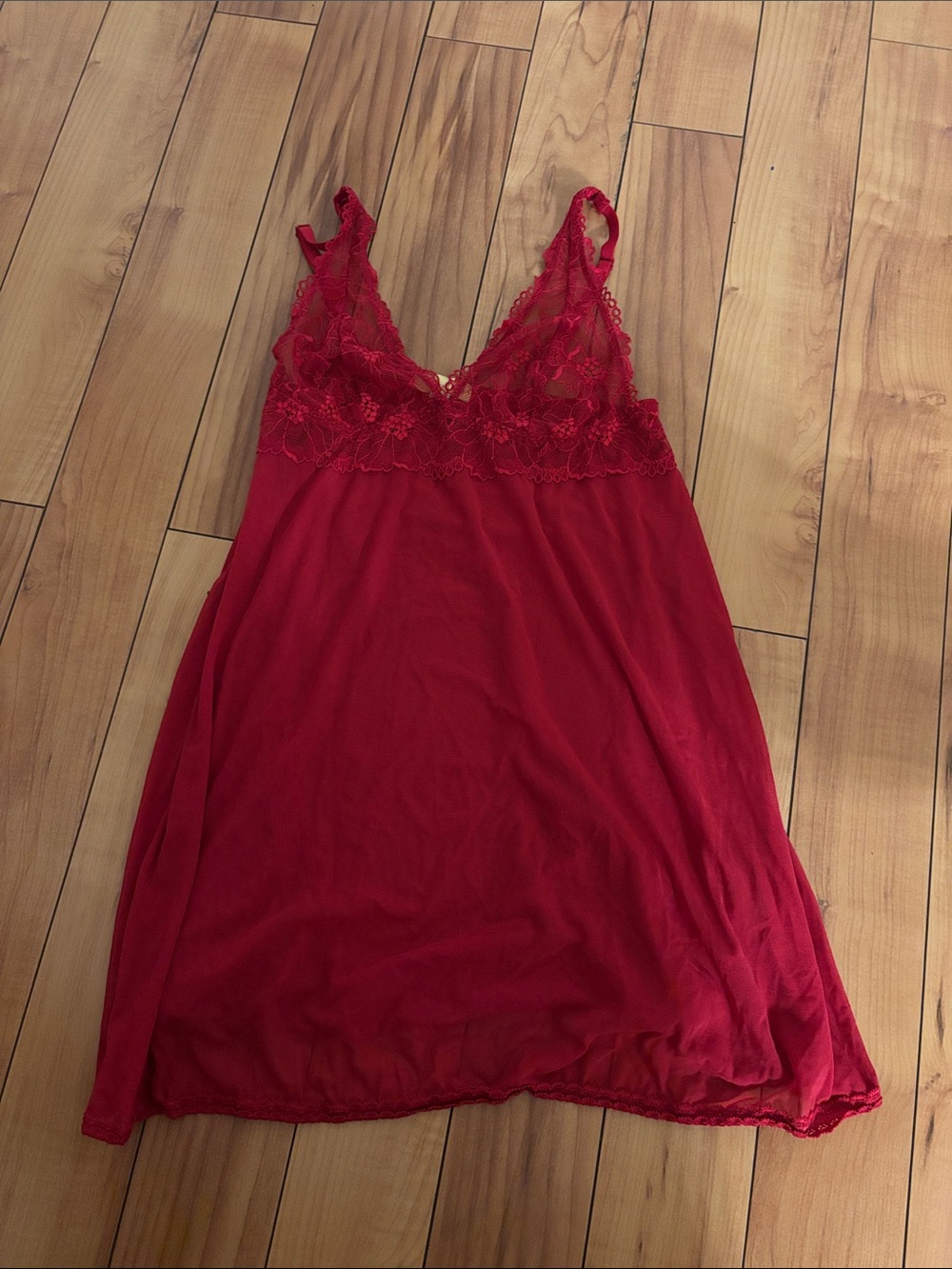 Red Lace-Trim V-Neck Nightgown